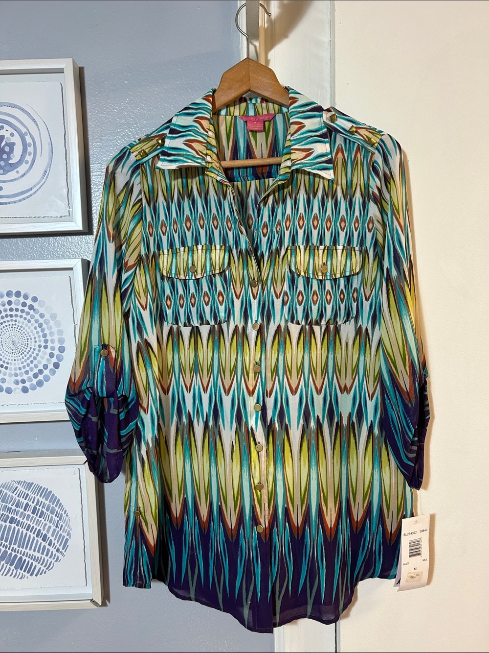 Sunny Leigh Teal, Yellow & Navy Geometric Button-Down Blouse Women’s Size M NWT